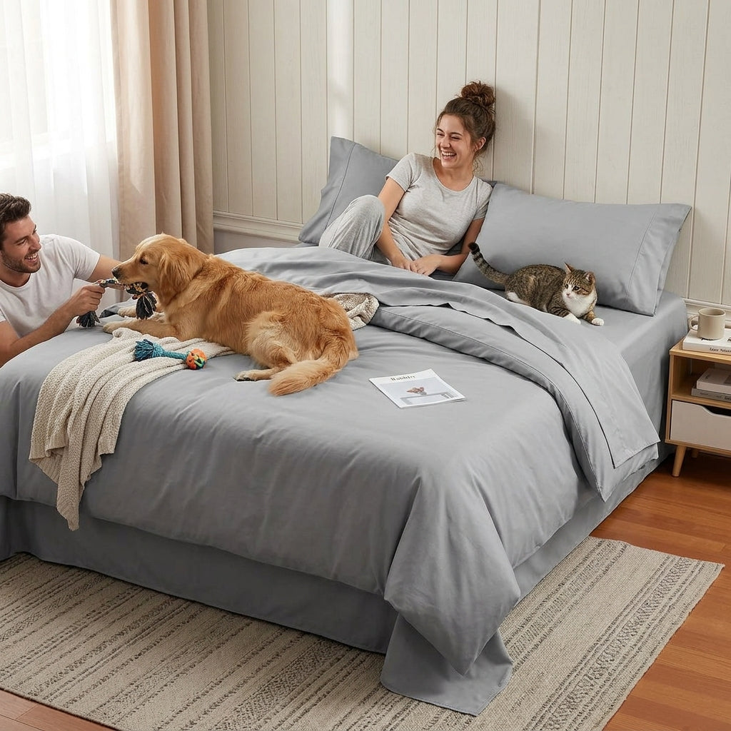 NUGGAL Pet Hair-Resistant Bamboo Full Sheet & Duvet Cover Set – Ultimate Eco-Friendly Comfort for Pet Owners