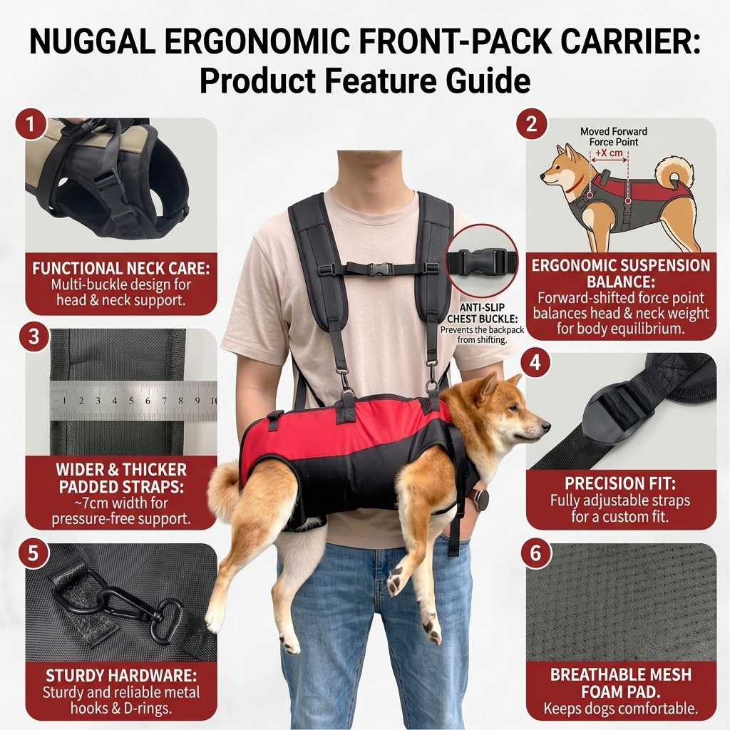 A product feature guide infographic for a nuggal ergonomic front-pack carrier dog harness. The image features a man wearing the black and red harness with a dog in it, surrounded by five numbered callouts with text detailing the product's features: functional neck care, ergonomic suspension, wider padded straps, precision fit, and breathable foam pad.