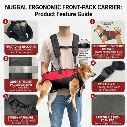 A product feature guide infographic for a nuggal ergonomic front-pack carrier dog harness. The image features a man wearing the black and red harness with a dog in it, surrounded by five numbered callouts with text detailing the product's features: functional neck care, ergonomic suspension, wider padded straps, precision fit, and breathable foam pad.