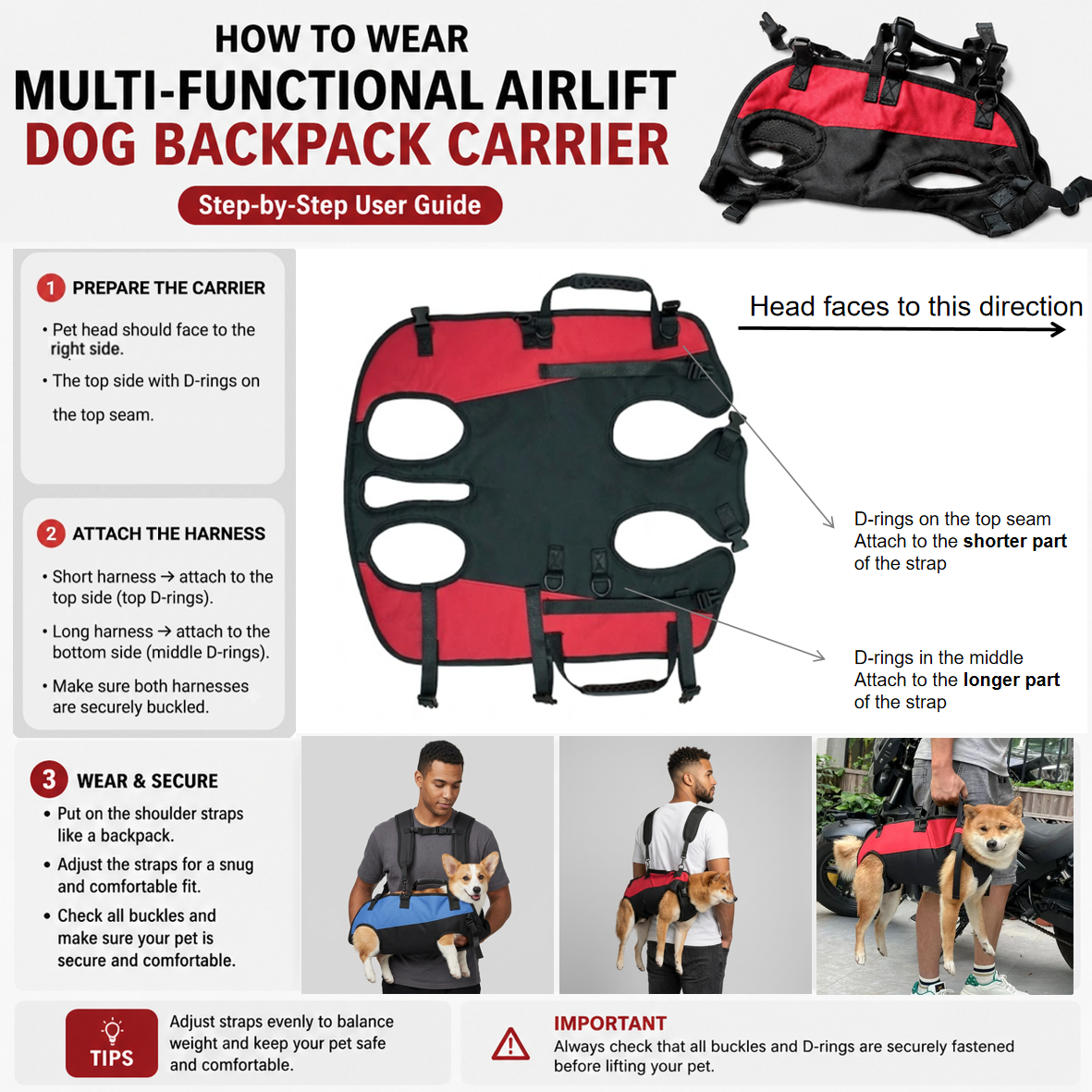 An infographic showing how to wear a multi-functional airlift dog backpack carrier, featuring a step-by-step user guide with numbered instructions, diagrams, and photos of a dog wearing the carrier.