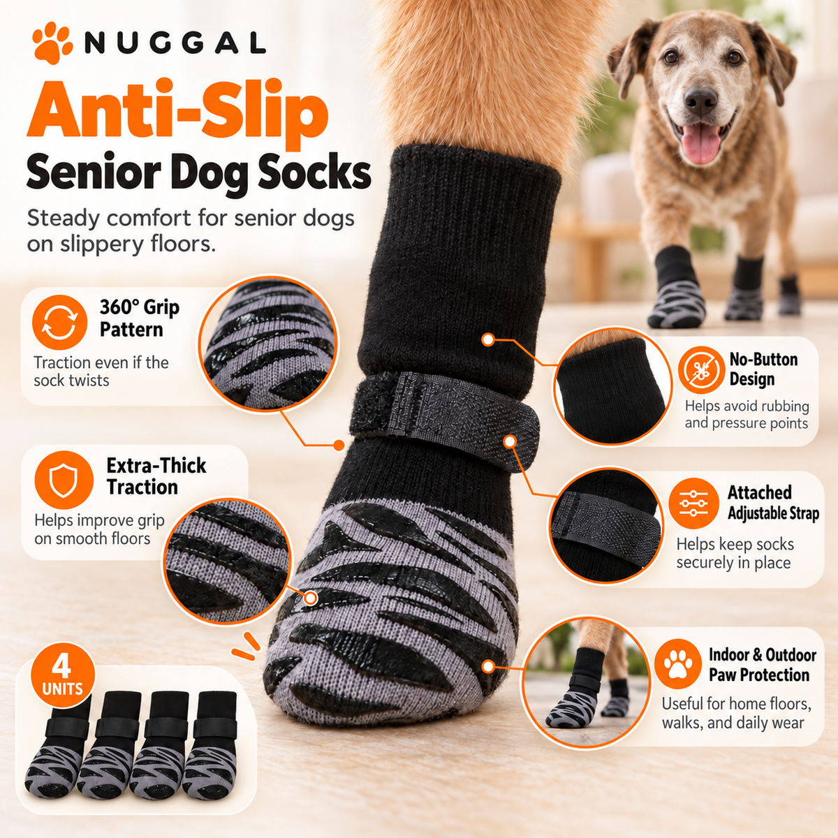 NUGGAL Anti-Slip Dog Socks with 360° Grip & Adjustable Straps (2 Sets)