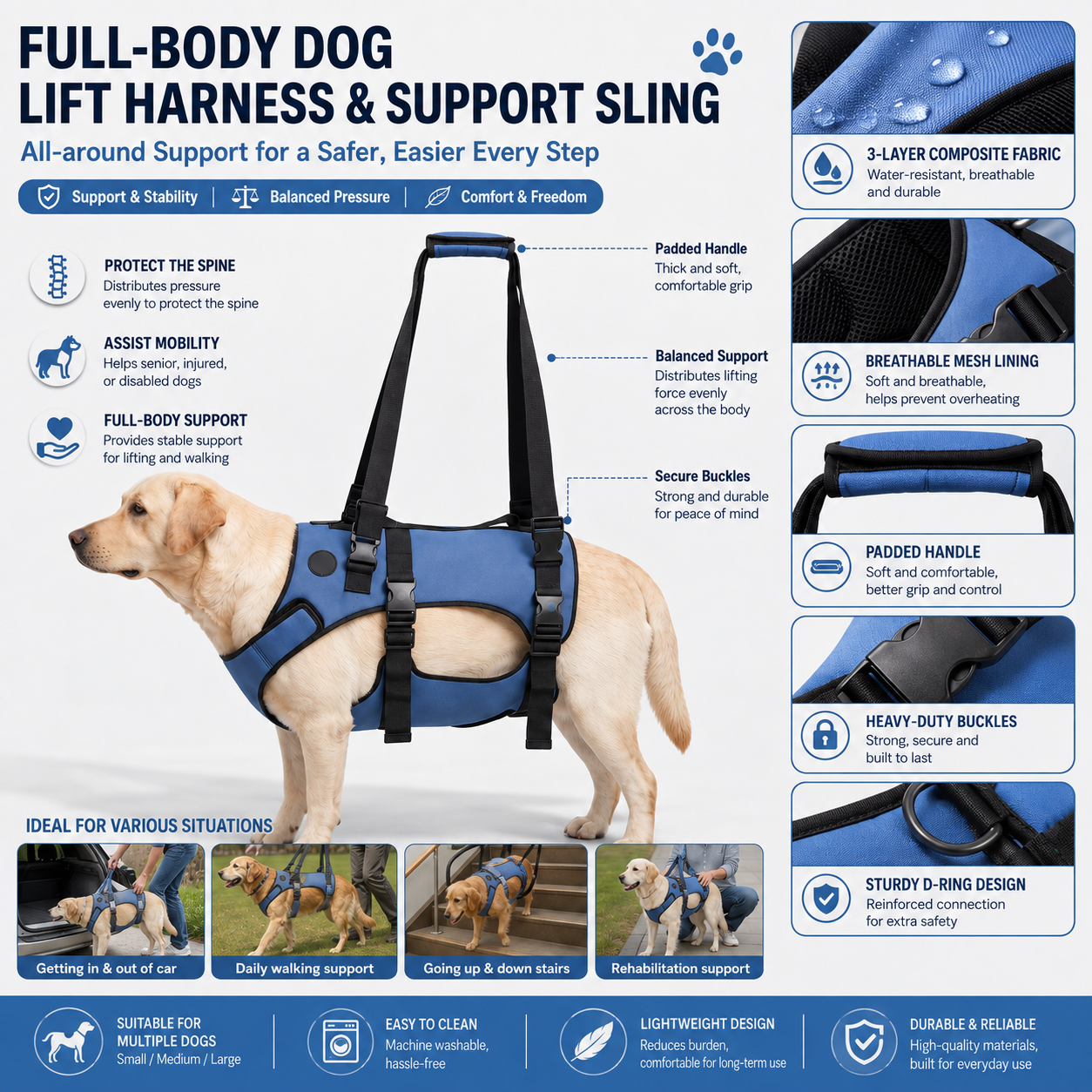 NUGGAL Front-Body Dog Lift Harness & Support Sling – Adjustable Recovery Aid for Elderly Dogs, Arthritis & Leg Support
