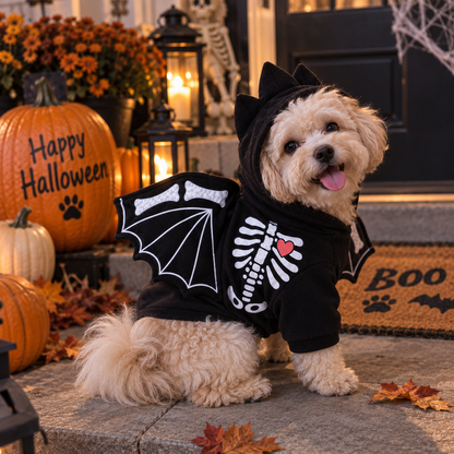 NUGGAL Halloween Skeleton Bat Wings Hoodie Costume for Dogs & Cats