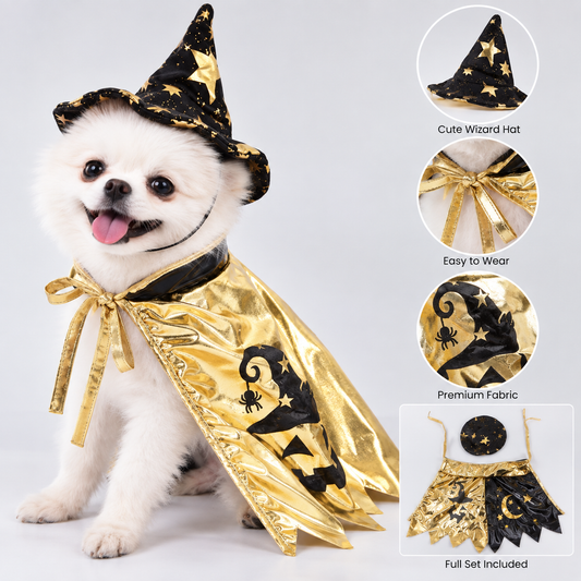 NUGGAL Halloween Wizard Hat & Magic Cape Costume for Dogs & Cats