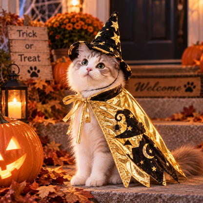 NUGGAL Halloween Wizard Hat & Magic Cape Costume for Dogs & Cats