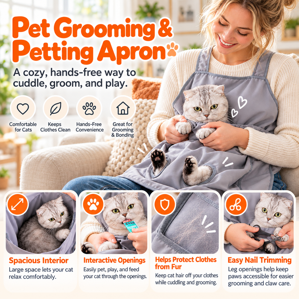 NUGGAL Pet Grooming & Petting Apron with Paw Openings – Hands-Free Pet Apron for Nail Trimming, Grooming & Cuddling