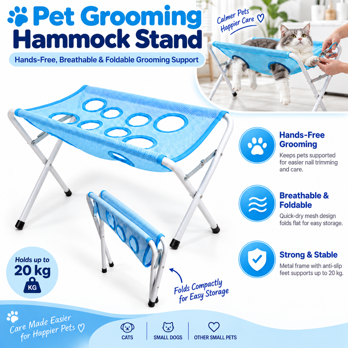 NUGGAL Pet Grooming Hammock Stand – Foldable Mesh Grooming Support for Small Cats & Dogs