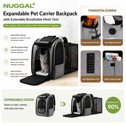 NUGGAL Expandable Pet Carrier Backpack with Breathable Mesh Tent