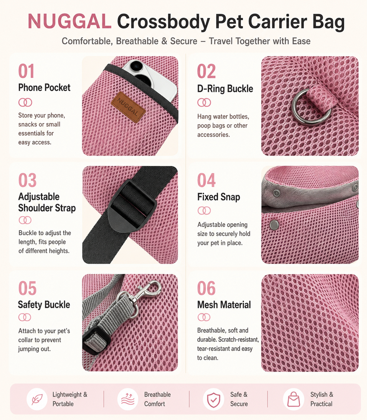 NUGGAL Cross Body Breathable Mesh Pet Carrier Sling Bag with Adjustable Padded Shoulder Strap