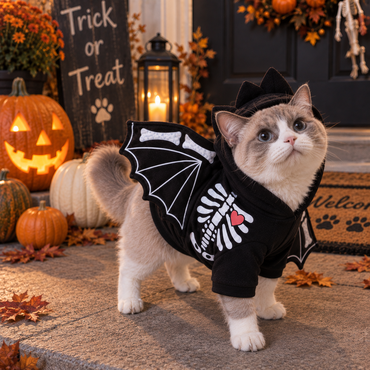 NUGGAL Halloween Skeleton Bat Wings Hoodie Costume for Dogs & Cats
