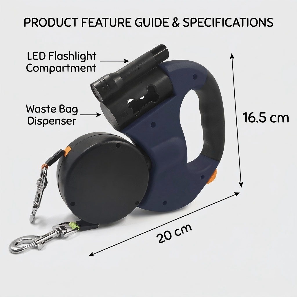 NUGGAL 3-in-1 Dual Retractable Dog Leash with LED & Bag Dispenser