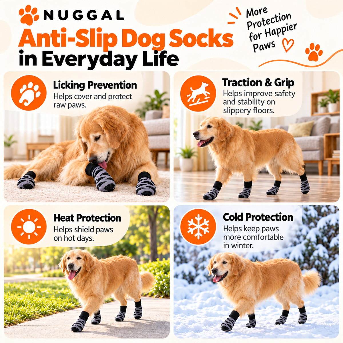 NUGGAL Anti-Slip Dog Socks with 360° Grip & Adjustable Straps (2 Sets)