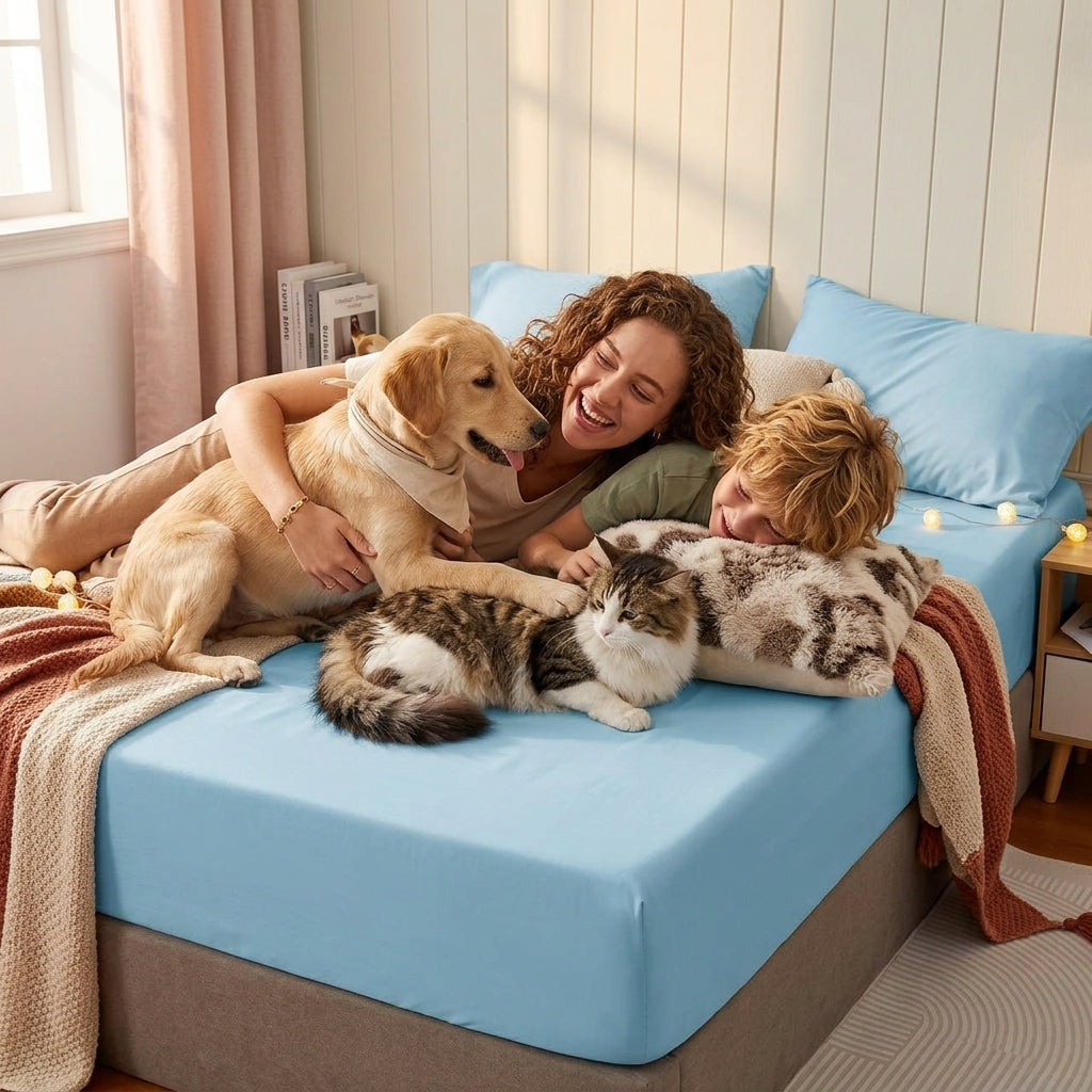 NUGGAL Pet Hair-Resistant Bamboo Fitted Sheet – Soft, Sustainable, and Pet-Friendly Comfort