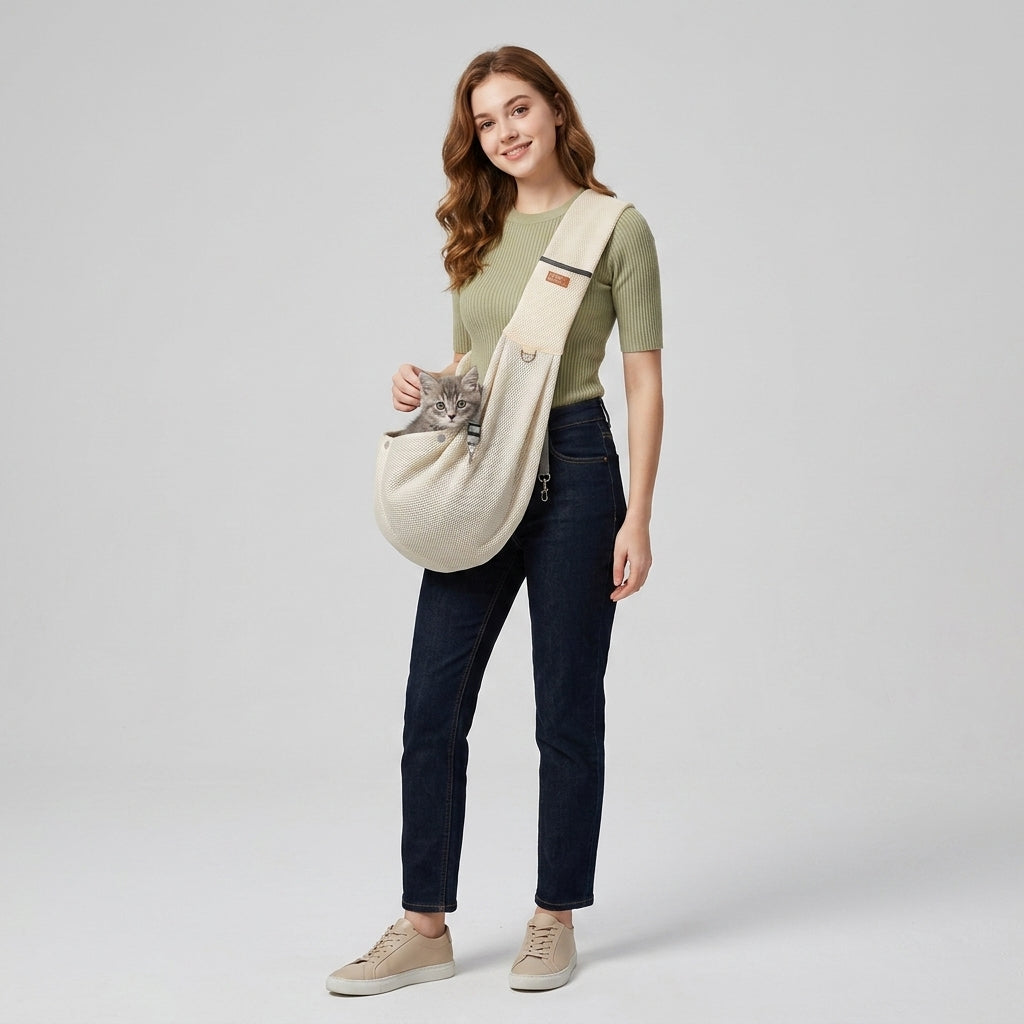NUGGAL Cross Body Breathable Mesh Pet Carrier Sling Bag with Adjustable Padded Shoulder Strap
