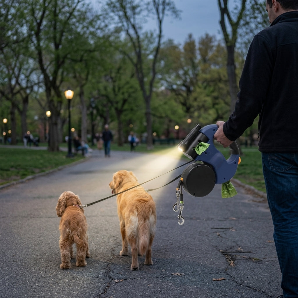 NUGGAL 3-in-1 Dual Retractable Dog Leash with LED & Bag Dispenser