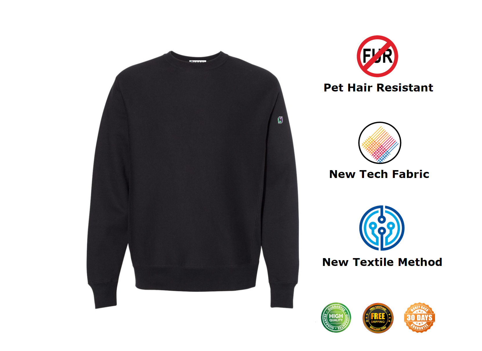 NUGGAL Unisex Pet Hair Resistant Tech Sweatshirt Classic Black